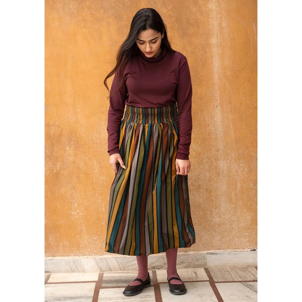 Gudrun Sjoden Akira 100% Organic Cotton Woven Striped Smocked Midi Boho Skirt M - Picture 3 of 11